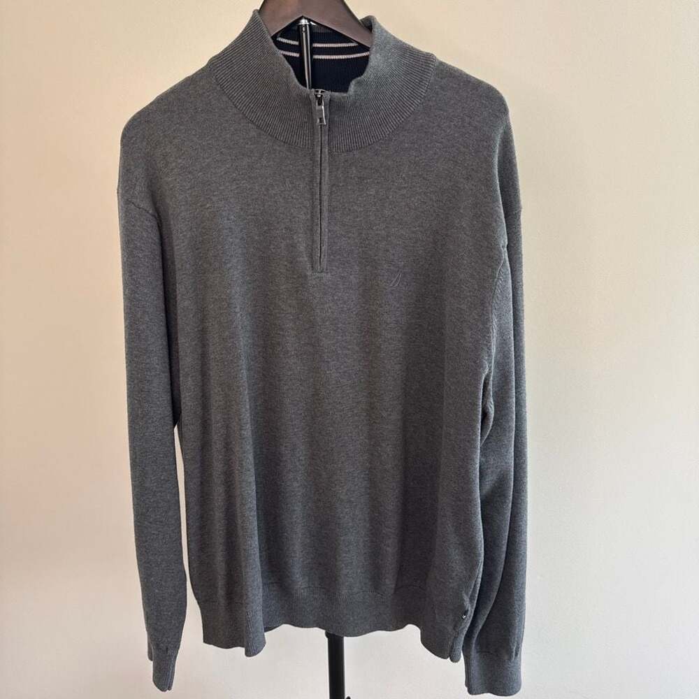 Nautica 100% Cotton Gray Quarter Zip‎ Pullover Sweater XXL